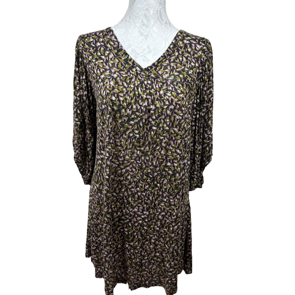 Jaloux Olive Abstract Leaf 3/4 Ruched Sleeves V-Neck Tunic Mini Dress Womens L